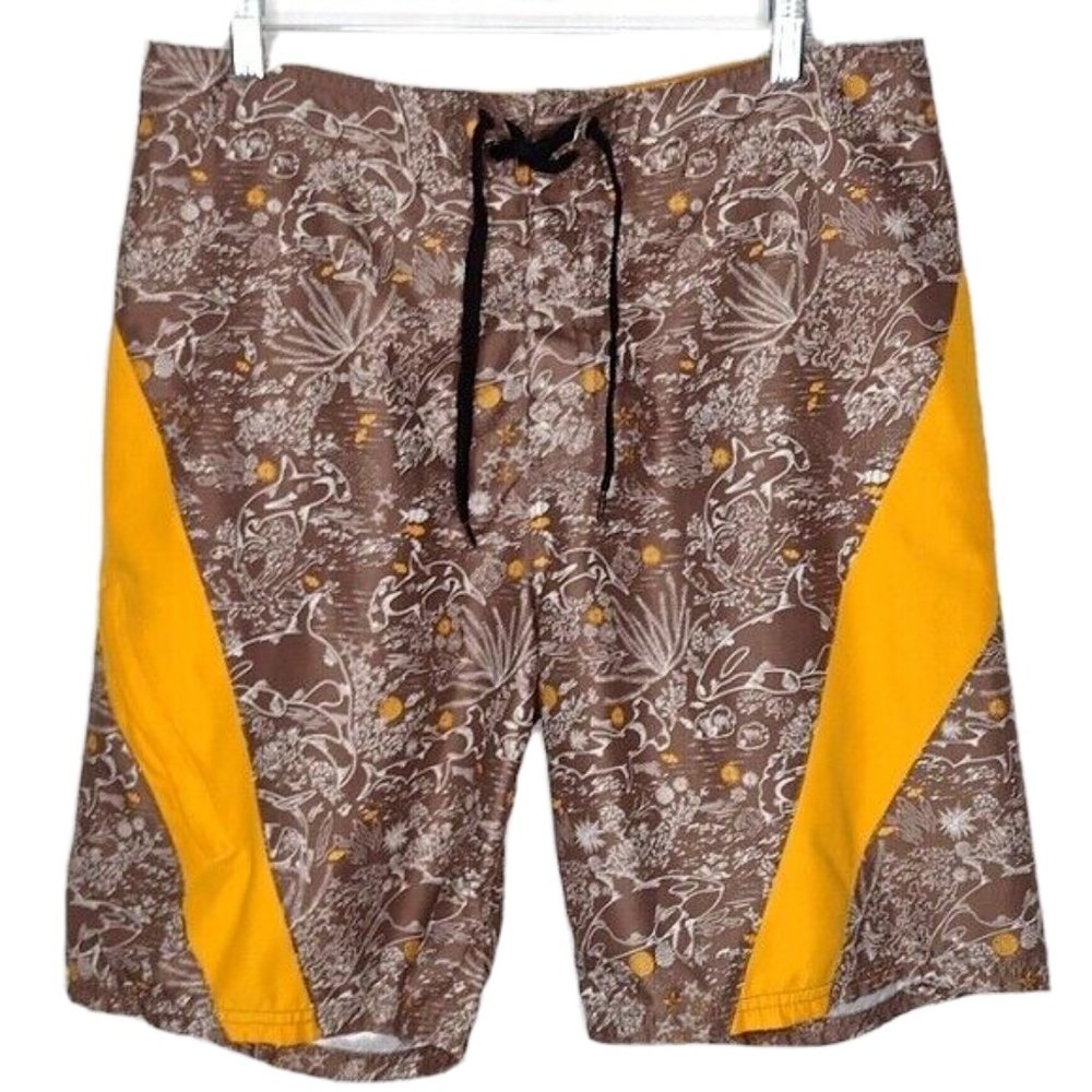 Beach Rays Yellow Brown Aquatic Pattern Hawaiian Board Shorts Men 34 Large